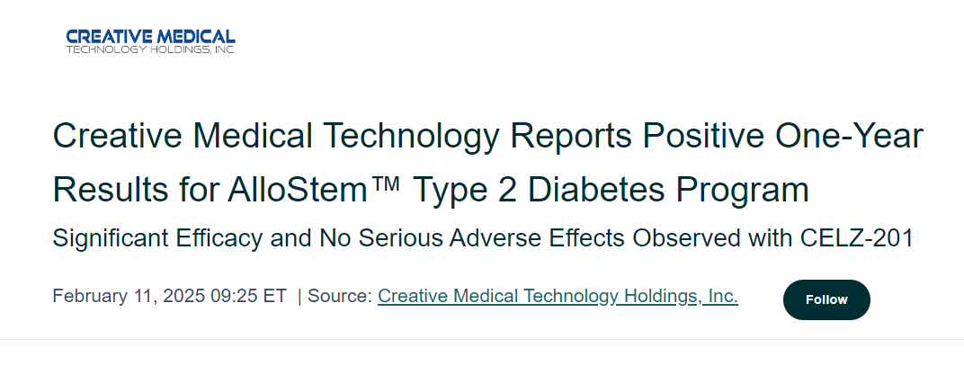 創(chuàng  )新醫療技術(shù)公司報告AlloStem? 2型糖尿病項目一年來(lái)取得積極成果
CELZ-201 療效顯著(zhù)，未觀(guān)察到嚴重不良反應