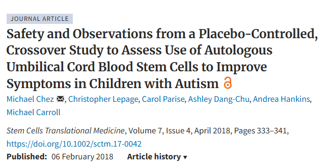 一項安慰劑對照交叉研究的安全性和觀(guān)察結果，旨在評估自體臍帶血干細胞在改善自閉癥兒童癥狀方面的應用
